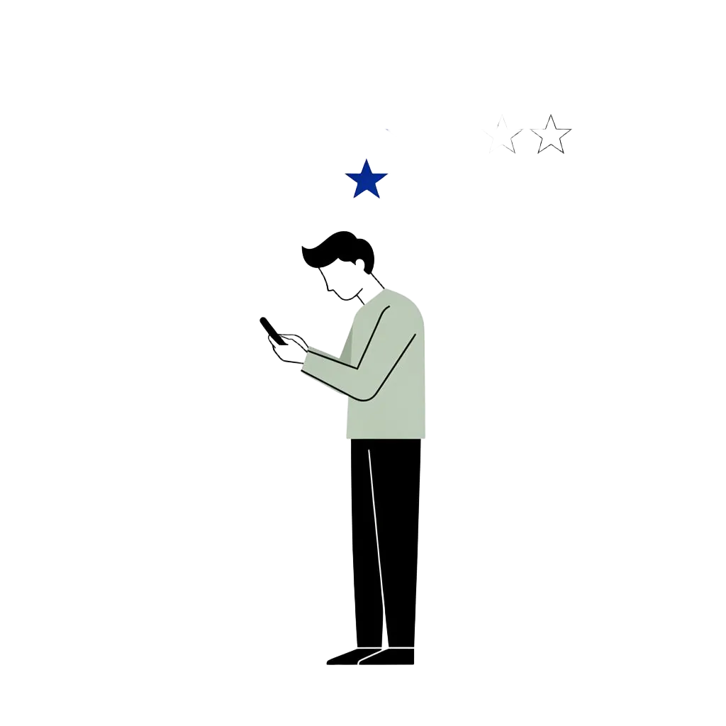 A person looking at a phone with a low star rating drifting away